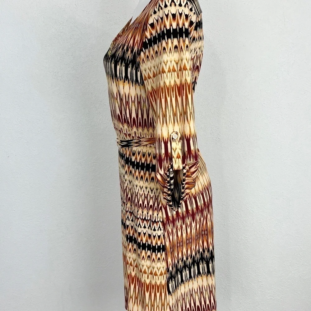 Tacera Black Rust and Maroon Midi Dress V Neck Gold Zipper Size M